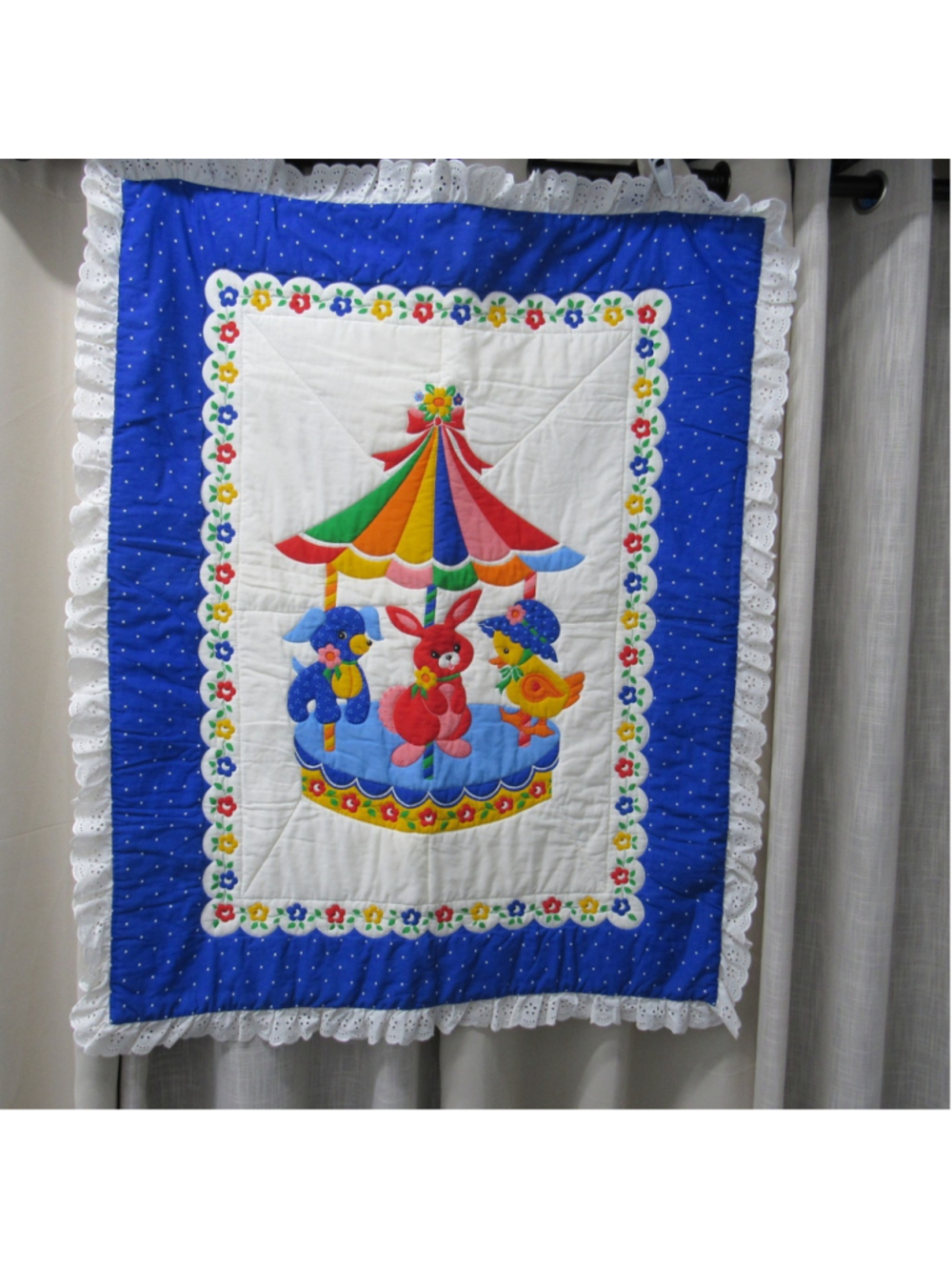 Vtg 80s Carousel Merry Go Round Baby Quilt Blue Polka Dot Lace Nursery Blanket